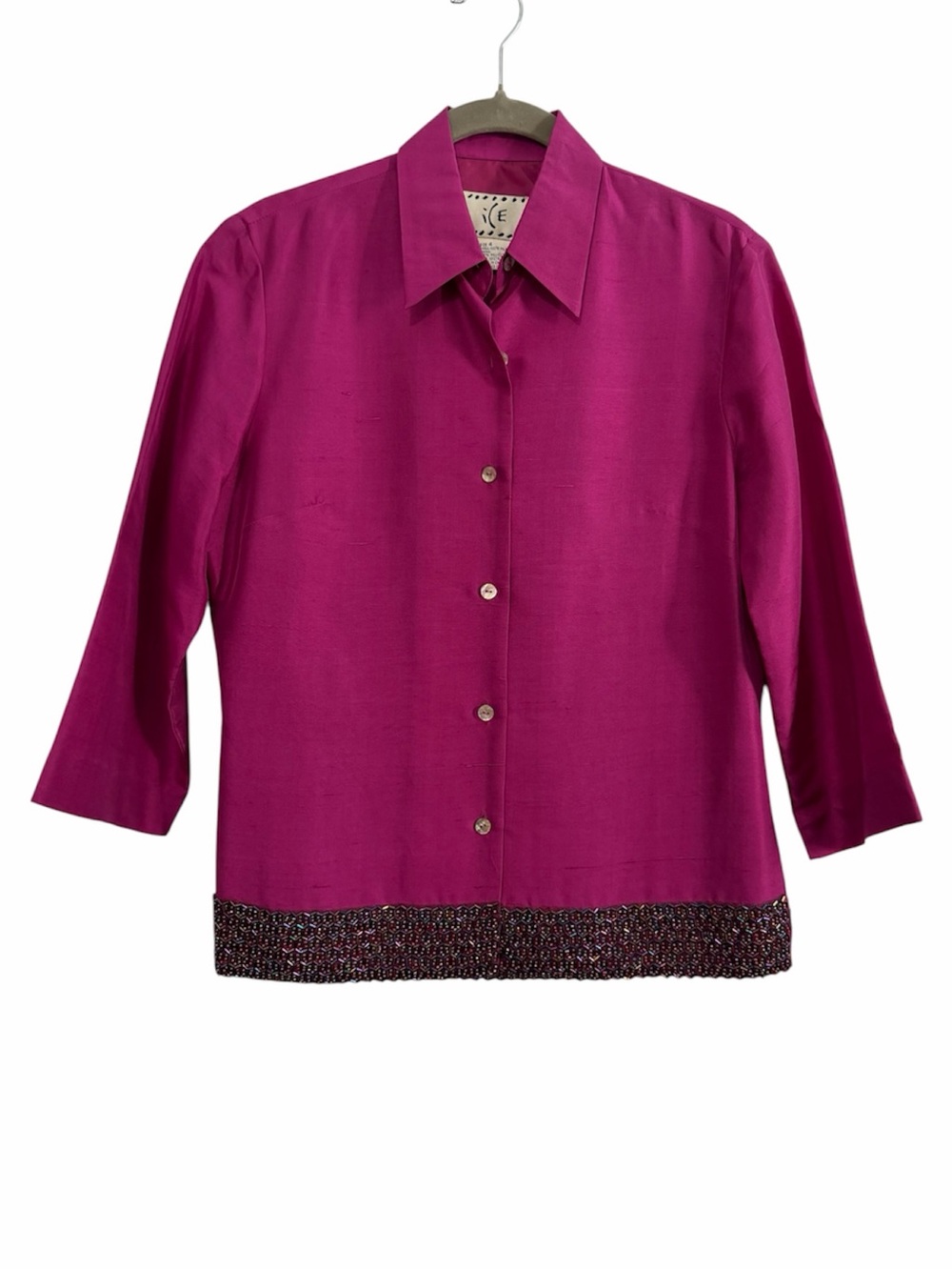 Vintage ICE Magenta Silk Beaded Cocktail Shirt Blouse Size 4